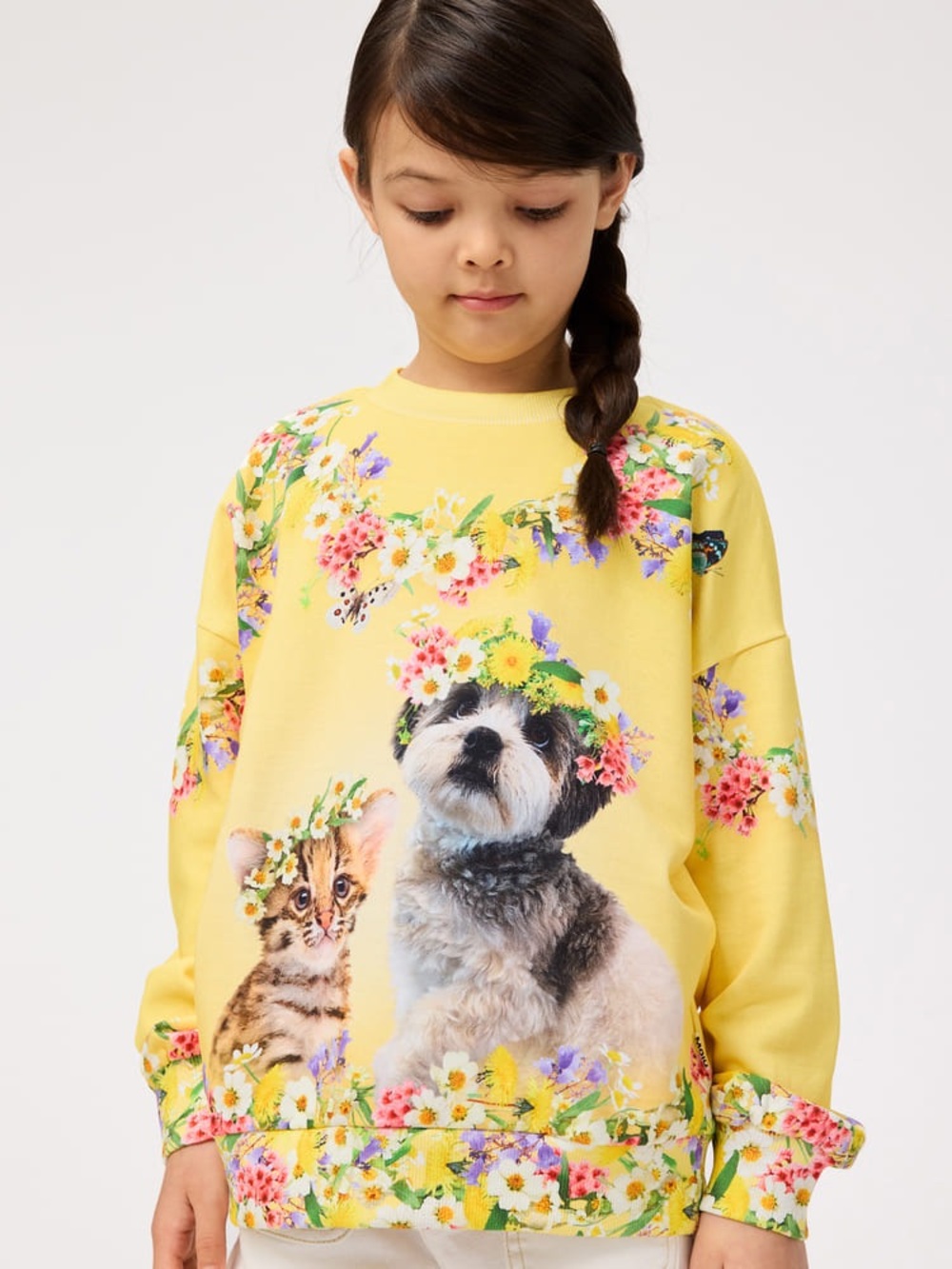 Molo Yellow Sweatshirt with Dog, Kitten & Floral Print Sz 7